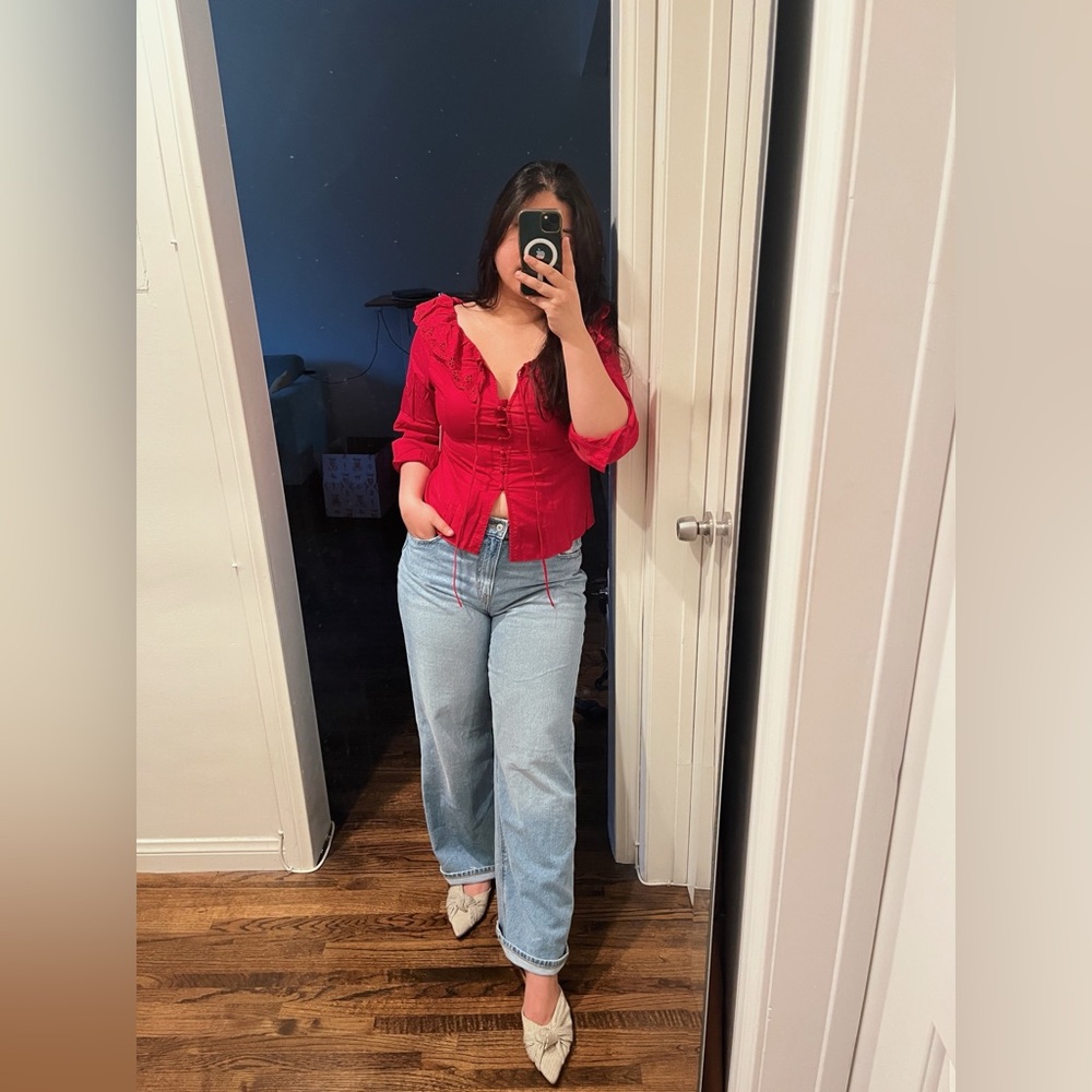 Altar'd State Red Eileen Collared Eyelet Top